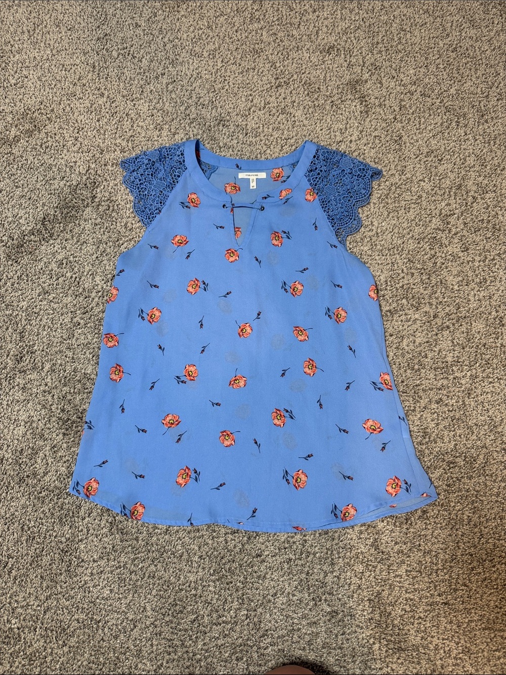 Blue Floral Lace-Sleeve Women's Top